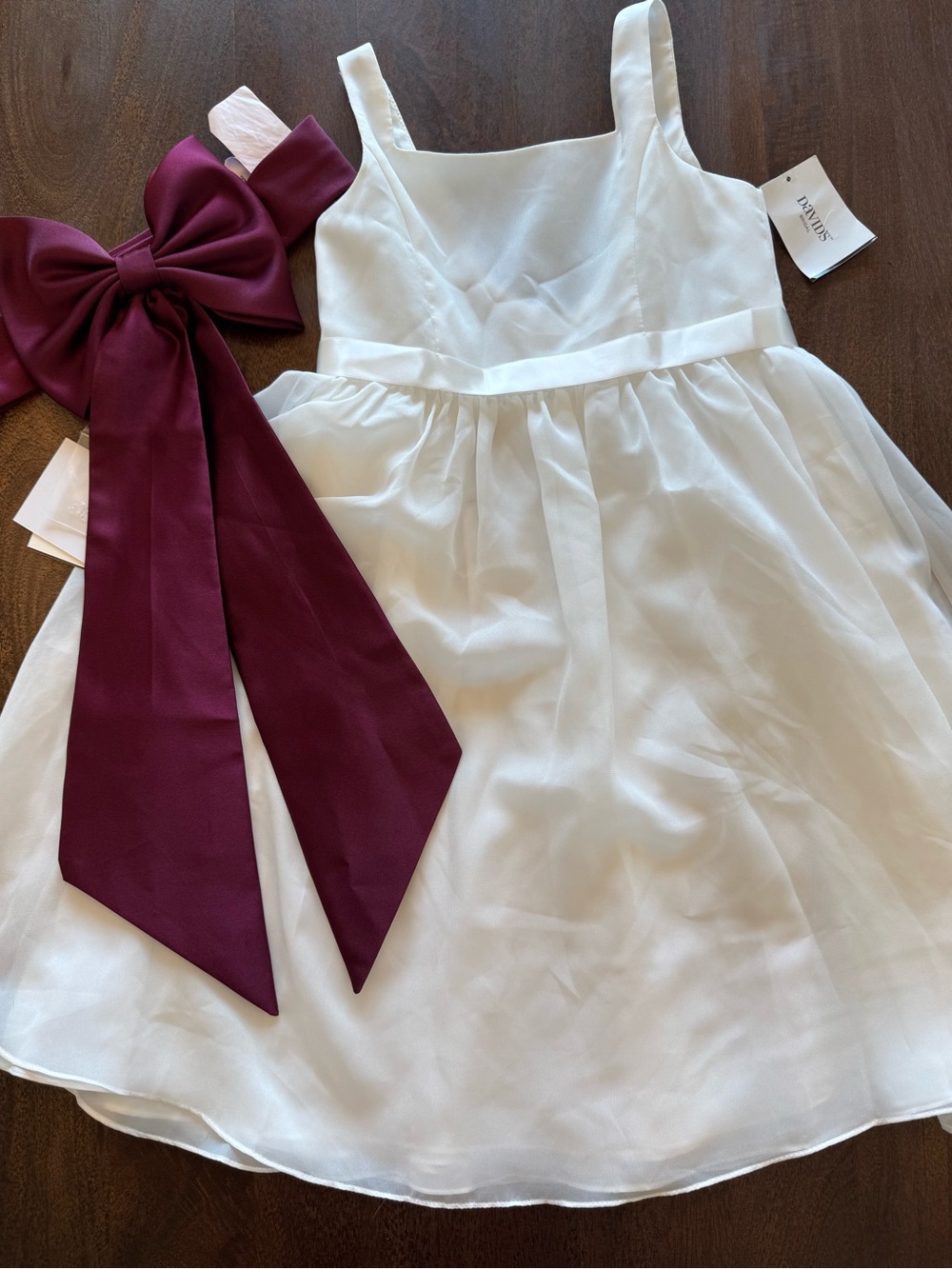 David's Bridal White Flower Girl Dress with Burgundy Sash